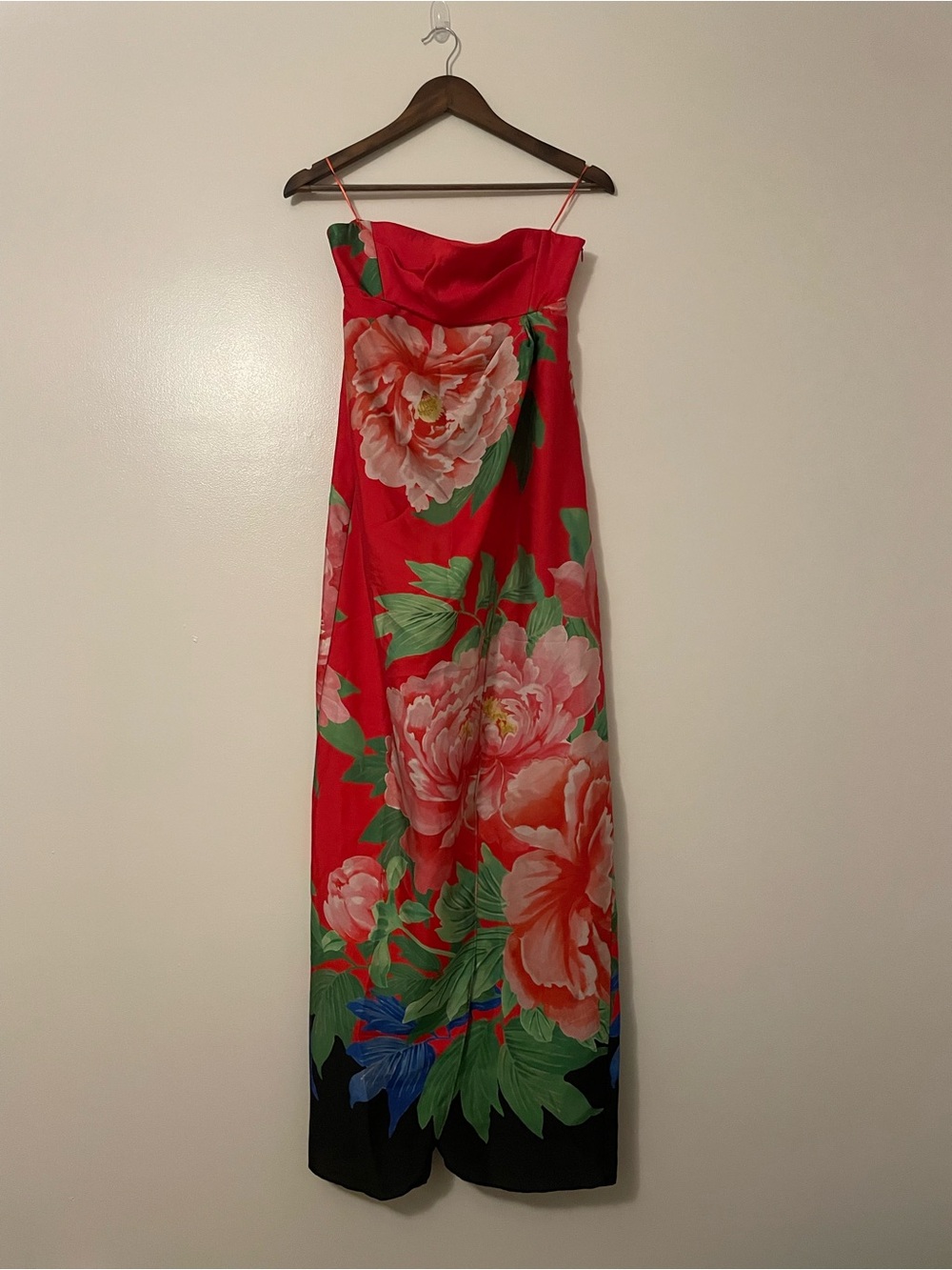 Zara Red Floral Draped Satin Strapless Maxi Dress
